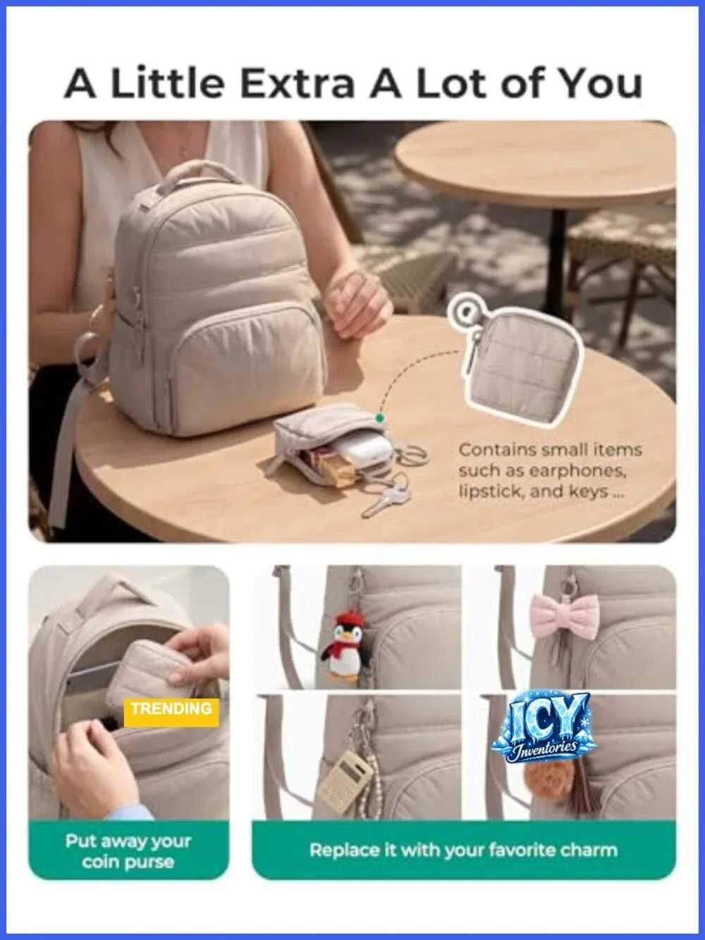 Lightweight Quilted Mini Backpack Purse with Detachable Pouch, Anti-Theft